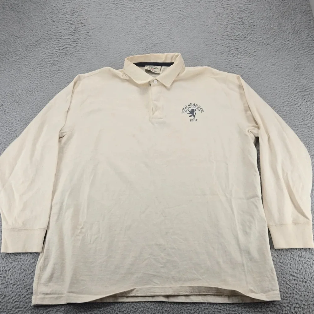 Ralph Lauren Polo Jeans Shirt Mens XL Tan‎ Vintage Large Print 67 Spellout Y2K